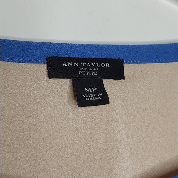 Ann Taylor black tan pleated peplum blouse - medium petite MP - Picture 2 of 4
